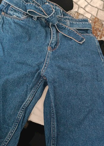 Kadın Mavi Denim Kemerli Bol Kesim Jean