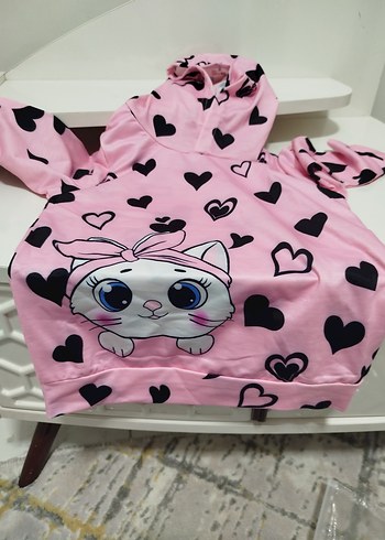 Pembe Baskılı Kedi Desenli Dantel Detaylı Takım - Görsel 2