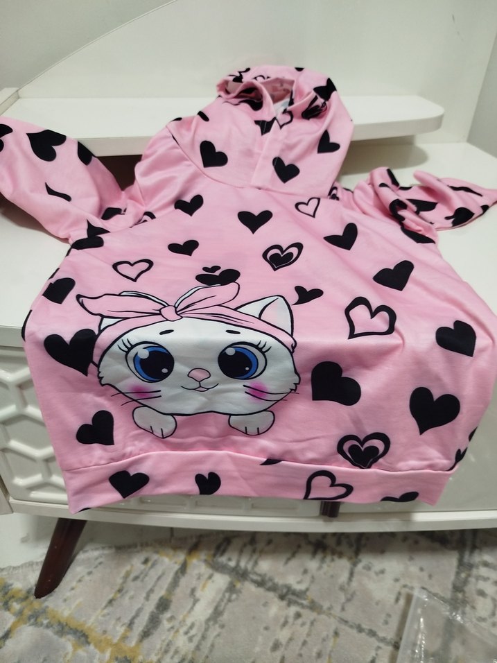 Pembe Baskılı Kedi Desenli Dantel Detaylı Takım - Görsel 2