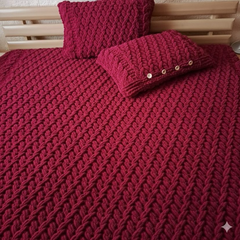 Bordo Örgü Desenli Battaniye - Görsel 2