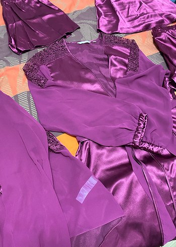 s Beden mor Renk Parlak Mor Saten 6 lı Kadın Pijama Takımı