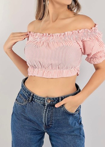 Pembe Çizgili Kısa Bluz crop büstiyer
