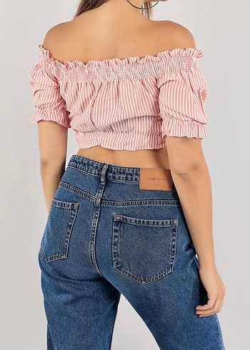 Diğer Pembe Çizgili Kısa Bluz crop büstiyer