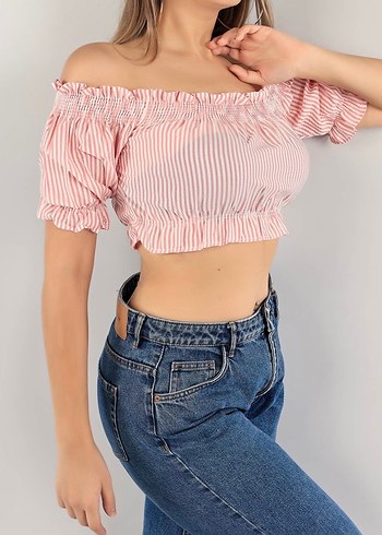 s Beden pembe Renk Pembe Çizgili Kısa Bluz crop büstiyer