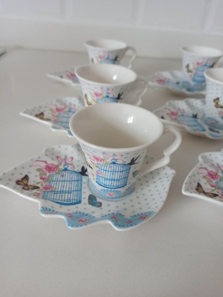 Pastel Mavi Kuş Kafesi Desenli Porselen Fincan Seti zücev marka - Görsel 2