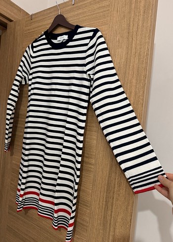 Uzun Kollu Çizgili Midi Kadın Triko Tunik Elbise - Görsel 2