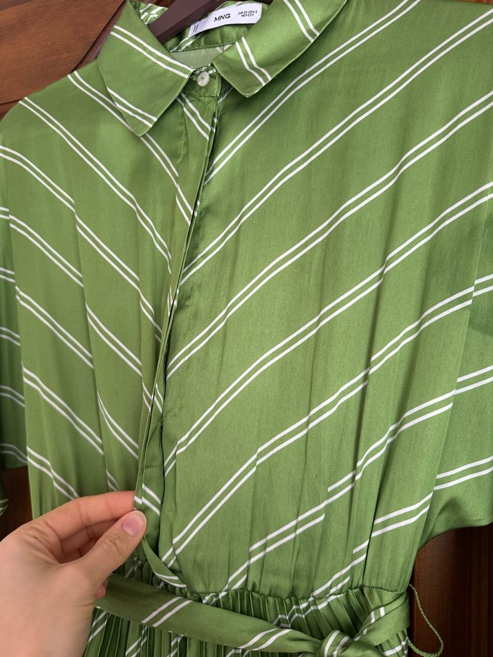 Yeşil Çizgili Uzun Pliseli Elbise - Görsel 3