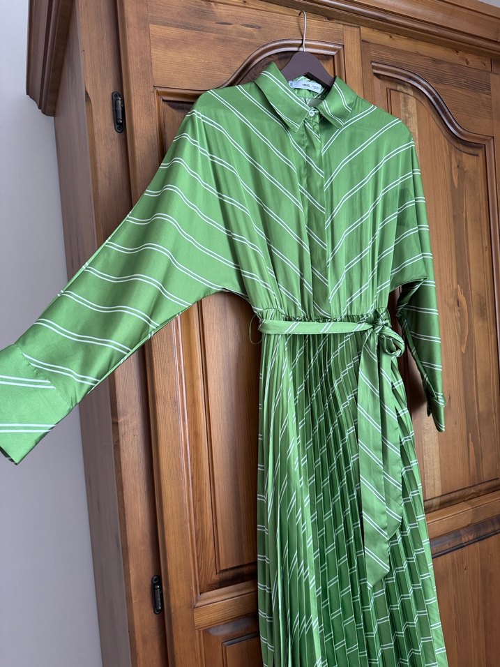 Yeşil Çizgili Uzun Pliseli Elbise - Görsel 5