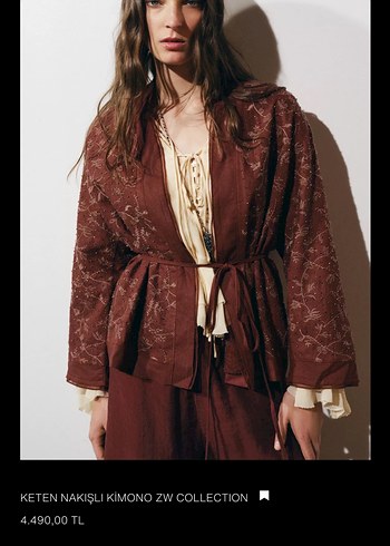 Keten Nakışlı Bordo Uzun Kimono