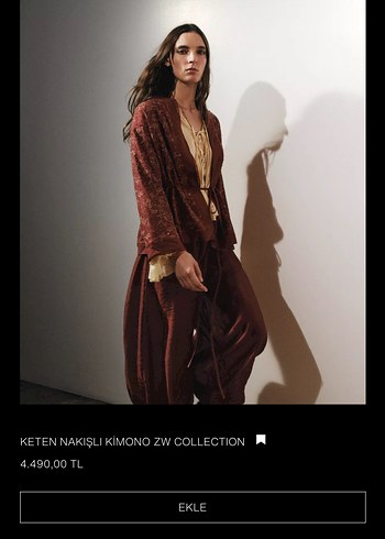 Zara Keten Nakışlı Bordo Uzun Kimono
