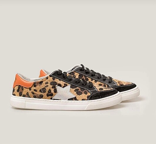 Merli&Rose Marka Yıldızlı Leopar Sneaker | Turuncu- Simli Gri