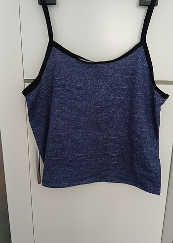 l Beden Mavi Denim Askılı Mini Crop