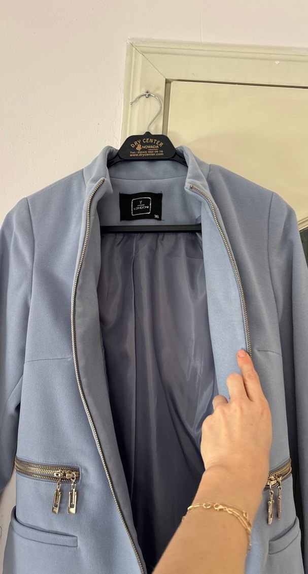 Açık mavi Midi Kadın Süet Klasik Kabanı - Görsel 3