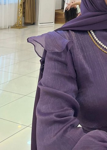 Uzun Kollu Yüksek Yakalı Mor Elbise - Görsel 3