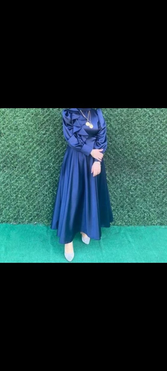 Lacivert Uzun Kollu Fırfırlı Uzun Elbise - Görsel 2