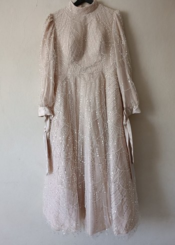 Bej Nakışlı Vintage Uzun Abiye Elbise
