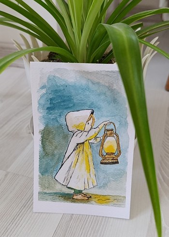 El Boyaması Fenerli Kız Suluboya Tablo - Görsel 2