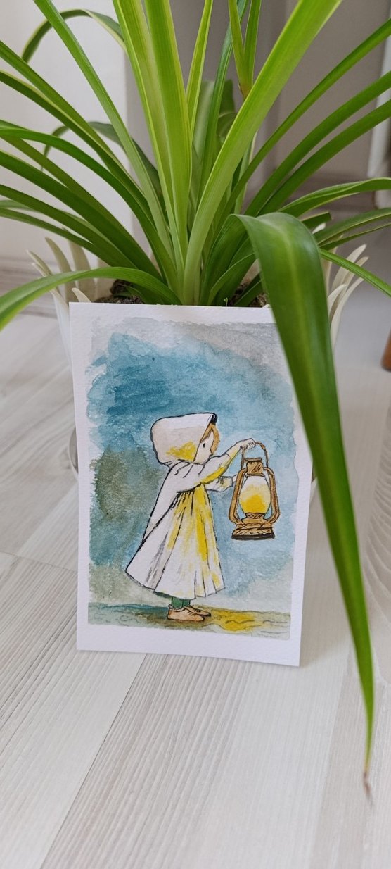 El Boyaması Fenerli Kız Suluboya Tablo - Görsel 2