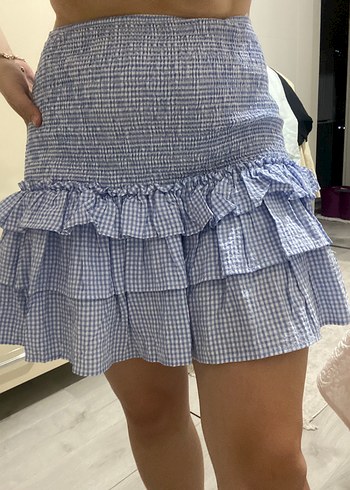 Mavi Kareli Fırfırlı Mini Etek