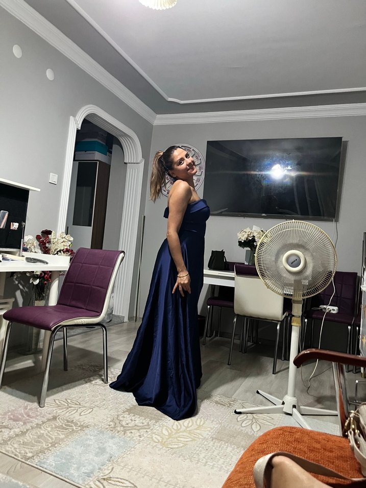 Drapeli Lacivert Uzun Straplez Kadın Abiye - Görsel 2