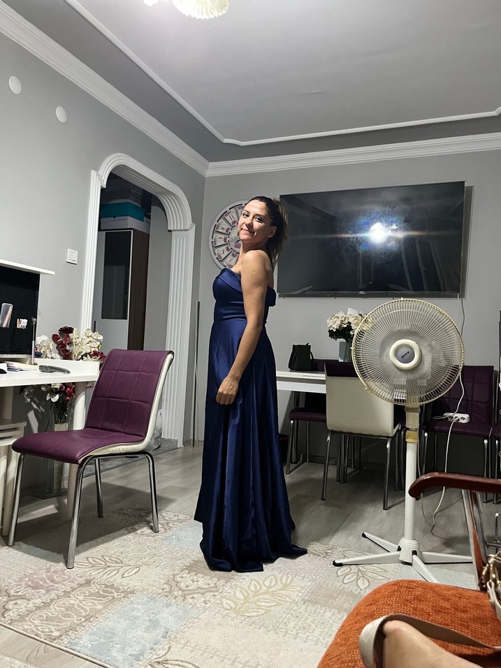 Drapeli Lacivert Uzun Straplez Kadın Abiye - Görsel 4