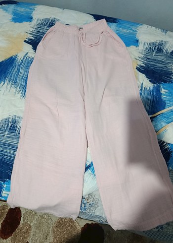 Pembe Bol Kesim Pliseli Keten Kadın Pantolon - Görsel 2