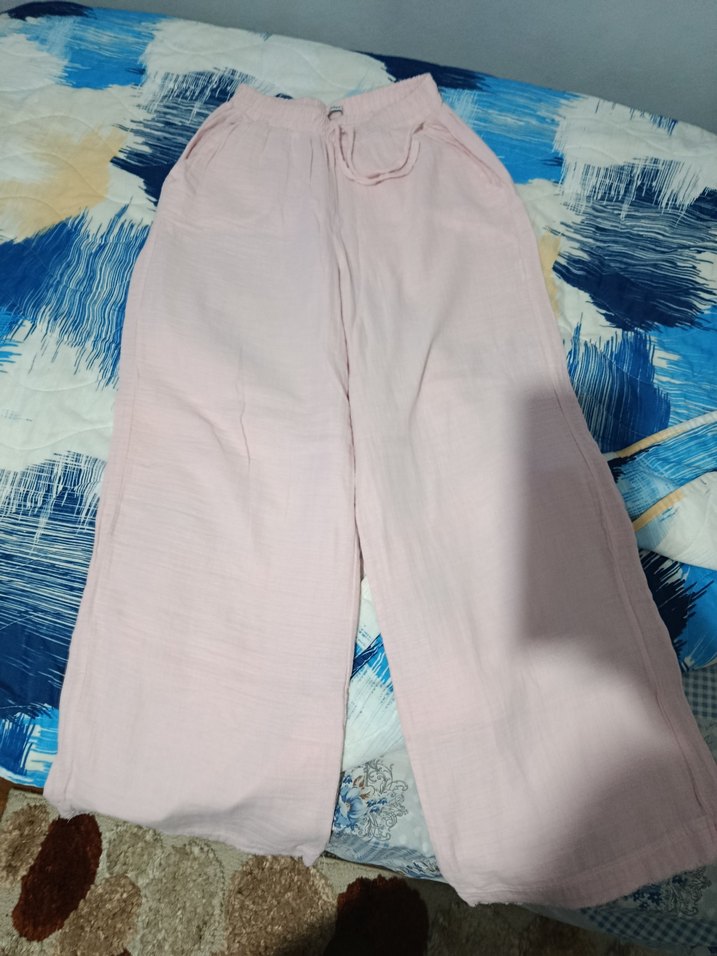 Pembe Bol Kesim Pliseli Keten Kadın Pantolon - Görsel 2