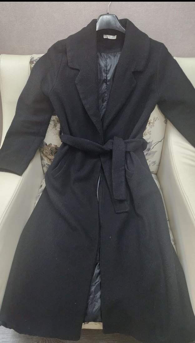 Kemerli Siyah Uzun Kadın Kaban - Görsel 2