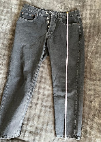 Gri Düğmeli Midi Denim Pantolon