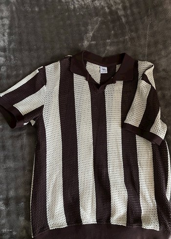 Kahverengi Çizgili Örgü Polo Tişört