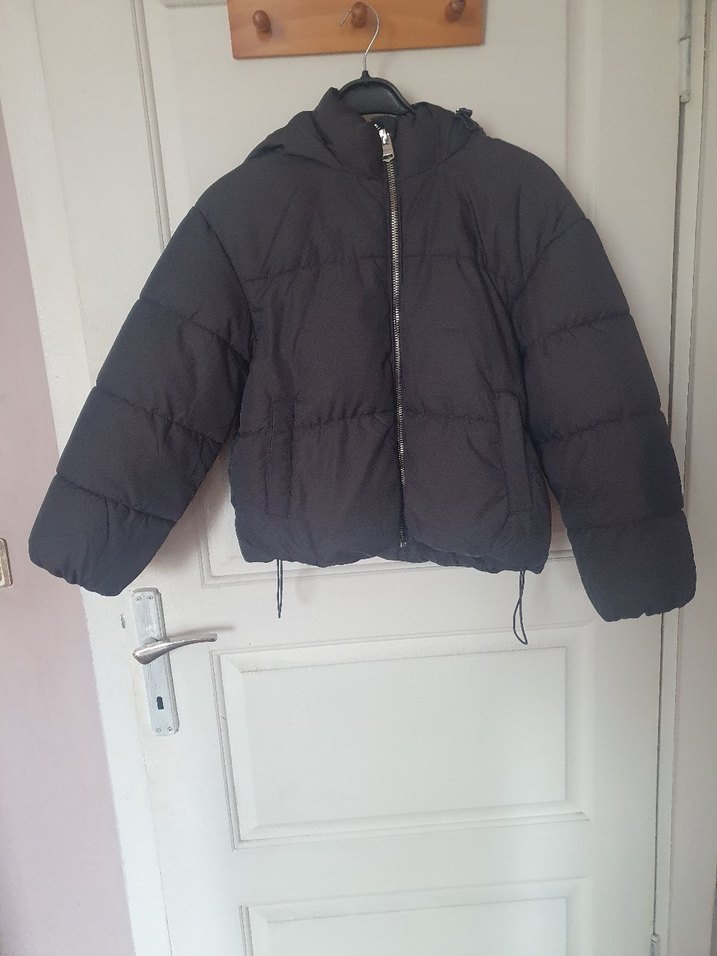 Gri Kapüşonlu Kısa Kadın Kışlık Mont - Görsel 2