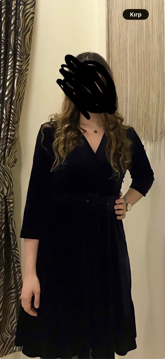 Siyah kadife V Yakalı Kemerli Midi Elbise - Görsel 2