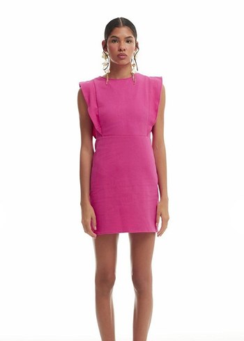 Pembe Keten Mini Fırfırlı Elbise
