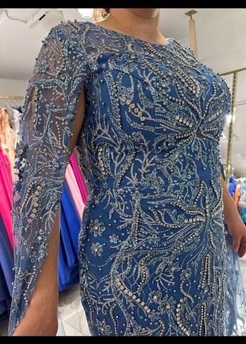 Mavi V Yaka Drapeli Midi Bohem Elbise - Görsel 2