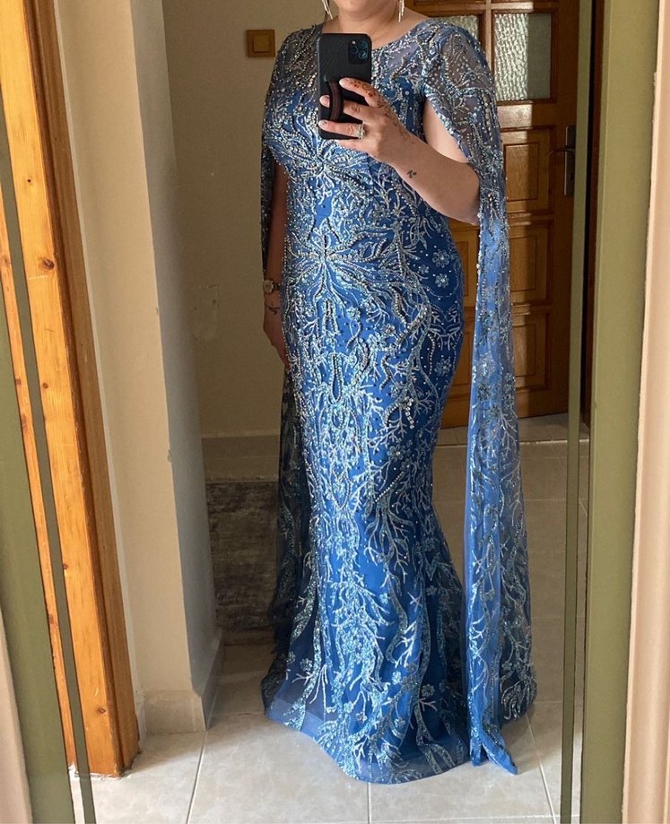 Mavi V Yaka Drapeli Midi Bohem Elbise - Görsel 3