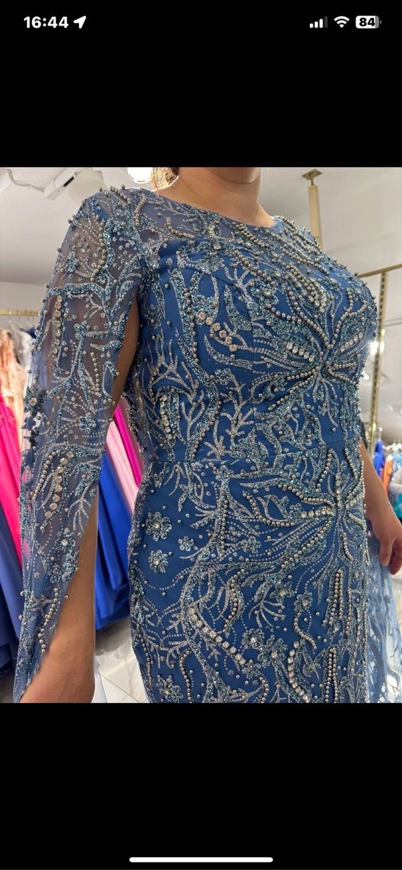 Mavi V Yaka Drapeli Midi Bohem Elbise - Görsel 2