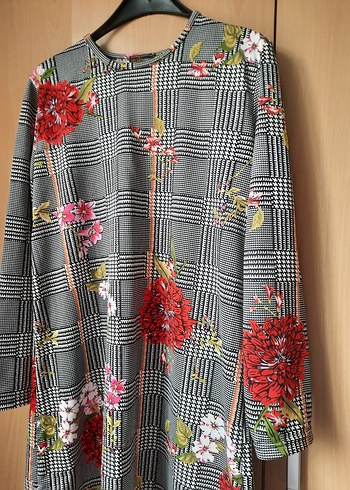 Uzun Kollu, Desenli, Düğmeli Gri Bohem Tunik - Görsel 2