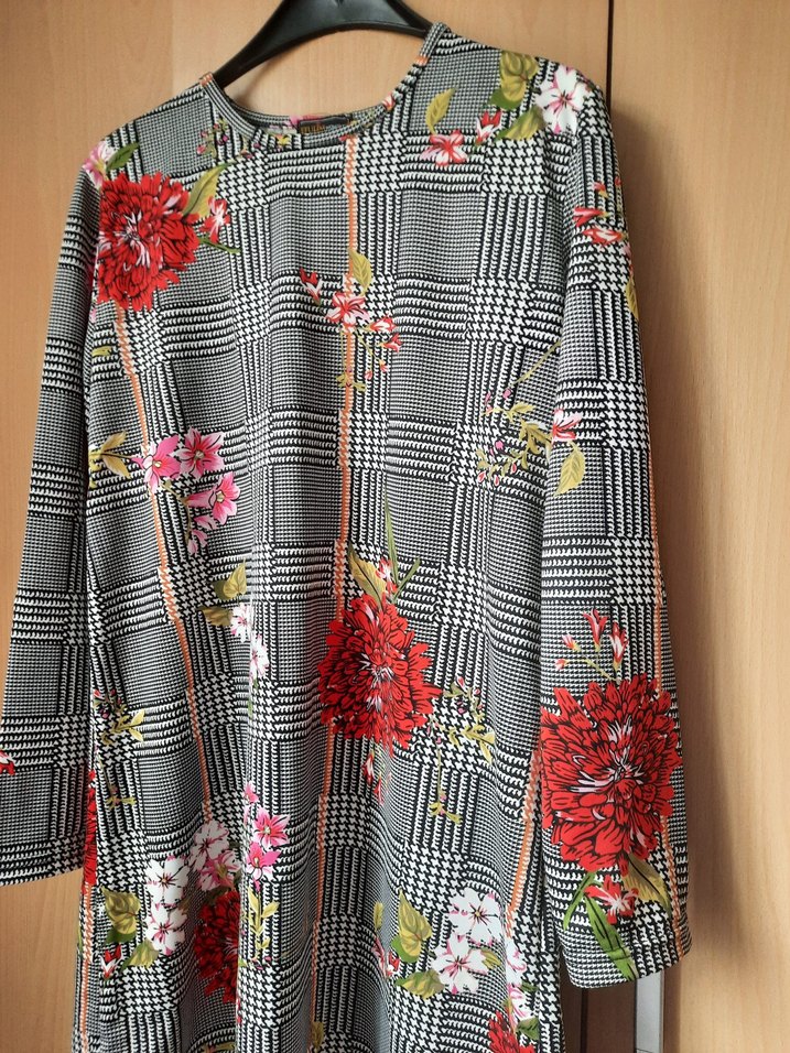 Uzun Kollu, Desenli, Düğmeli Gri Bohem Tunik - Görsel 2