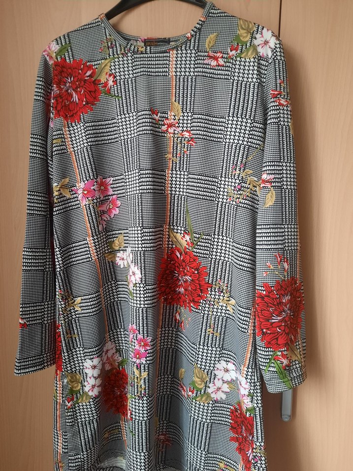 Uzun Kollu, Desenli, Düğmeli Gri Bohem Tunik - Görsel 5