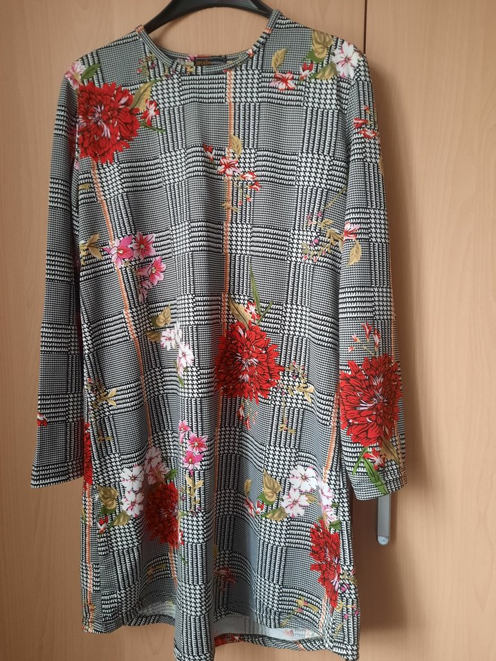 Uzun Kollu, Desenli, Düğmeli Gri Bohem Tunik - Görsel 4