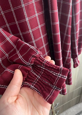 Diğer Bordo Kareli Düğmeli Yüksek Yakalı Midi Tunik