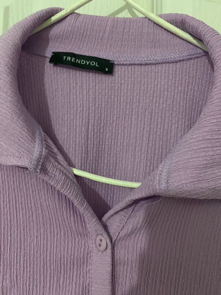 Düğmeli Mor Uzun Kollu Keten Gömlek - Görsel 2