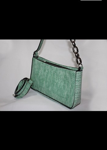 Zincir Detaylı Yeşil Deri Yılan Desenli Çanta - Görsel 13