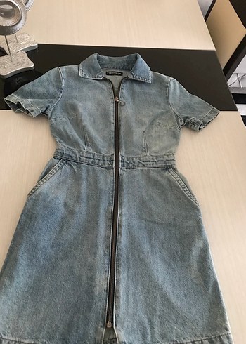 Fermuarlı Mavi Denim Midi Elbise - Görsel 8