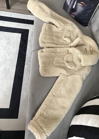 Beyaz Kadın Midi Boy Peluş Ceket - Görsel 4