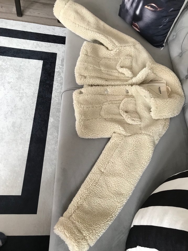 Beyaz Kadın Midi Boy Peluş Ceket - Görsel 4