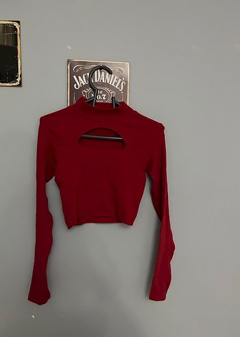 Bordo Yüksek Yakalı Uzun Kollu Crop Top