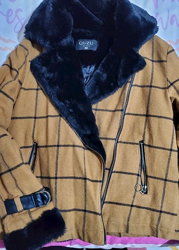 Kahverengi Ekoseli Kürklü Kadın Kış Ceketi - Görsel 2
