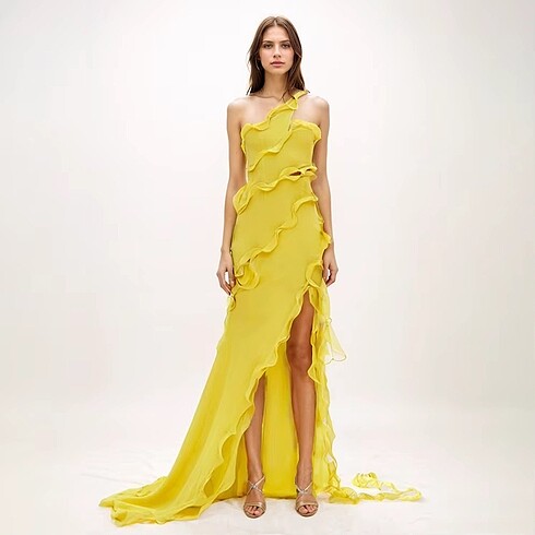 m Beden Sari sifon firfirli elbise
