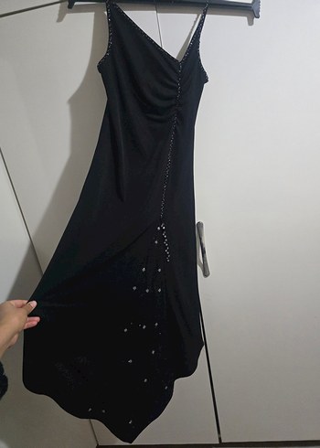 Siyah Süet V Yaka Uzun Askılı Elbise - Görsel 2